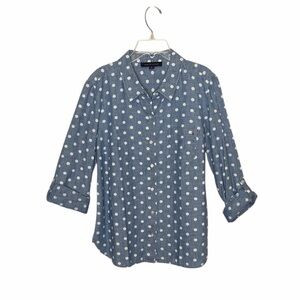 Tommy Hilfiger Chambray Blue White Polka Dot Button Up Shirt Tab Sleeves  Medium